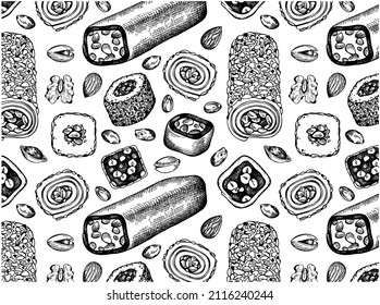 Sketch drawn pattern of Turkish delight on white background. Engraved oriental sweets wallpaper. Lokum, drawing Ramadan desserts. Hazelnut, chocolate marmalade, almond, pistachio. Vector illustration.