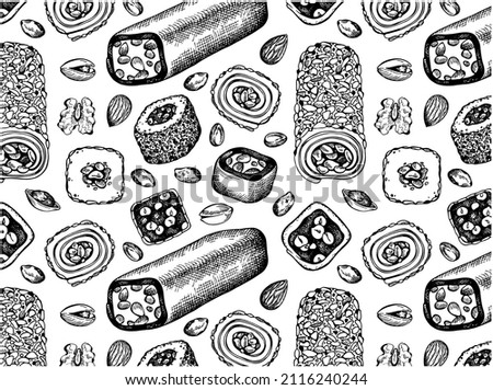 Sketch drawn pattern of Turkish delight on white background. Engraved oriental sweets wallpaper. Lokum, drawing Ramadan desserts. Hazelnut, chocolate marmalade, almond, pistachio. Vector illustration.