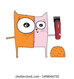 Sketch drawn in vector: cat man with a clipper in his hand, trimmed half his body. Illustration before, after on white isolated background