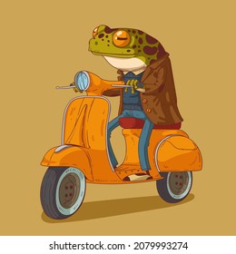 Sketch drawn vector illustration of glad humanized frog. Anthropomorphic frog. Animal character with human body. Cheerful trendy dressed frog riding yellow retro scooter in style