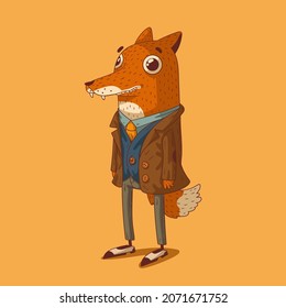 Sketch drawn vector illustration of humanized fox. Anthropomorphic fox. Trendy animal character with human body. Cheerful fox gentleman wearing a costume and retro shoes standing in full growth