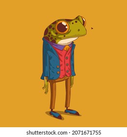 Sketch drawn vector illustration of humanized frog. Anthropomorphic frog. Trendy animal character with human body. Cheerful frog gentleman wearing a costume and retro shoes standing in full growth