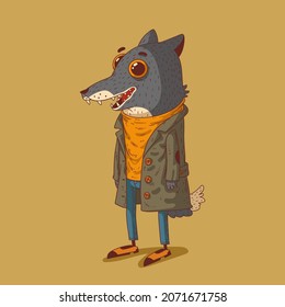 Esbozo dibujado como ilustración vectorial del lobo humanizado. Lobo antropomórfico. Carácter animal de moda con cuerpo humano. Lobo alegre de pie vestido con un palmo, jeans, un abrigo y zapatos retro