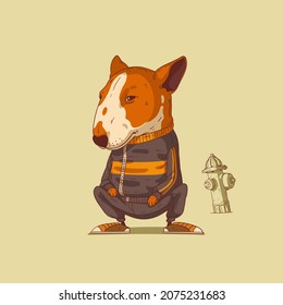 Sketch drawn vector illustration of humanized bull terrier. Anthropomorphic dog. Trendy animal character with human body. A dog thug wearing a sport suit and sneakers sitting silently on his haunches