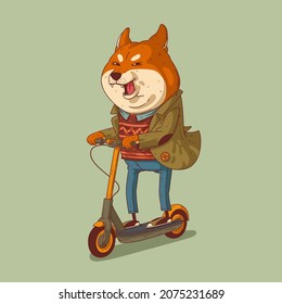 Sketch drawn vector illustration of humanized dog. Anthropomorphic dog. Animal character with human body. Cheerful trendy dressed Shiba Inu riding electric scooter in style