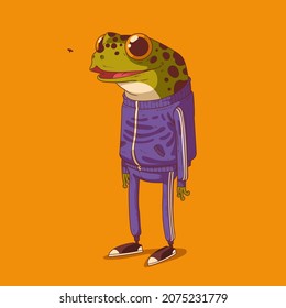 Sketch drawn vector illustration of humanized frog. Anthropomorphic frog. Trendy animal character with human body. Cheerful standing frog punk wearing a sport suit and sneakers watching a fly