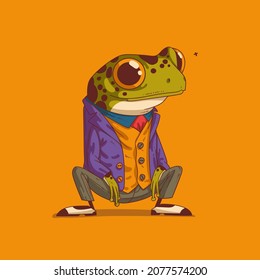 Sketch drawn vector illustration of humanized frog. Anthropomorphic frog. Trendy animal character with human body. A frog wearing an elegant costume sitting silently on his haunches and watching a fly