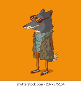 Esbozo dibujado como ilustración vectorial del lobo humanizado. Lobo antropomórfico. Carácter animal de moda con cuerpo humano. Lobo de pie con camisa de manga larga, pantalones, zapatos, abrigo y gafas de sol