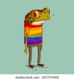 Sketch drawn vector illustration of humanized frog. Anthropomorphic frog. Trendy animal character with human body. Standing frog wearing a pride colored t-shirt, jeans and sneakers watching a fly