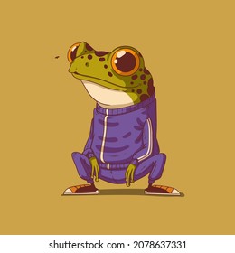 Sketch drawn vector illustration of humanized frog. Anthropomorphic frog. Trendy animal character with human body. A frog thug wearing a sport suit sitting silently on his haunches and watching a fly