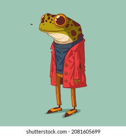 Sketch drawn vector illustration of humanized frog. Anthropomorphic frog. Trendy animal character with human body. Standing frog wearing a longsleve, trousers, red coat and retro shoes watching a fly