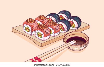 Sketch drawn vector illustration of sushi rolls set and chopsticks. Cafe poster, signboard, asian cuisine menu decoration, ad banner design