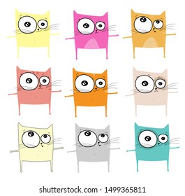 Sketch drawn in vector: pattern of different cat flying and dancing with emotions: sad, funny, cry, laugh on an isolated background