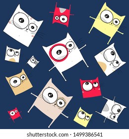 Sketch drawn in vector: pattern of different cat flying and dancing with emotions: sad, funny, cry, laugh on an isolated background