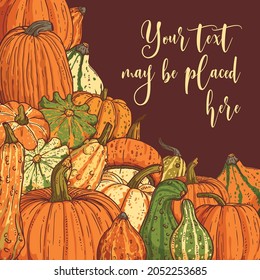 Sketch drawn vector pumpkins. Copy space pumpkin background for social media post, poster, banner, greeting card, invitation