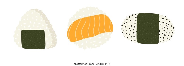 Esbozar la ilustración de conjunto de vector dibujado del rollo de sushi aislado en fondo blanco. Platos tradicionales japoneses: onigiri, nigiri, temaki, maki, gunkan. Cartel, cartel, página de menú, volante, cartel.