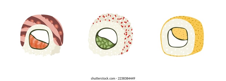 Esbozar la ilustración de conjunto de vector dibujado del rollo de sushi aislado en fondo blanco. Platos tradicionales japoneses: onigiri, nigiri, temaki, maki, gunkan. Cartel, cartel, página de menú, volante, cartel.