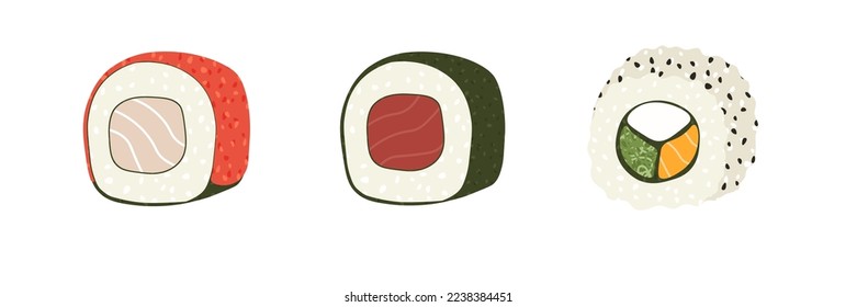 Sketch drawn vector set illustration of sushi roll isolated on white background. Traditional Japanese dishes - onigiri, nigiri, temaki, maki, gunkan. Poster, sign, menu page, flyer, banner.