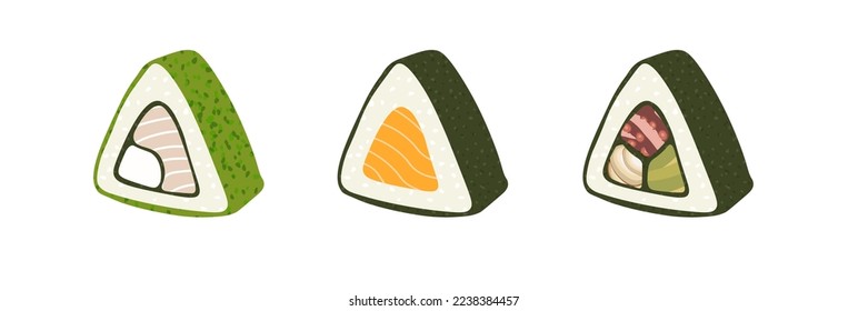 Sketch drawn vector set illustration of sushi roll isolated on white background. Traditional Japanese dishes - onigiri, nigiri, temaki, maki, gunkan. Poster, sign, menu page, flyer, banner.