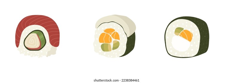 Sketch drawn vector set illustration of sushi roll isolated on white background. Traditional Japanese dishes - onigiri, nigiri, temaki, maki, gunkan. Poster, sign, menu page, flyer, banner.