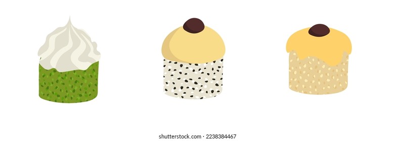 Esbozar la ilustración de conjunto de vector dibujado del rollo de sushi aislado en fondo blanco. Platos tradicionales japoneses: onigiri, nigiri, temaki, maki, gunkan. Cartel, cartel, página de menú, volante, cartel.