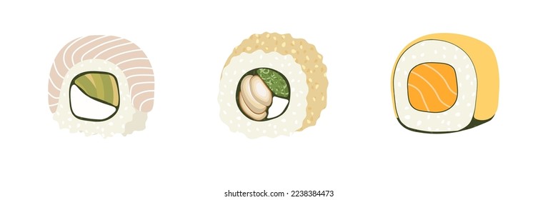 Esbozar la ilustración de conjunto de vector dibujado del rollo de sushi aislado en fondo blanco. Platos tradicionales japoneses: onigiri, nigiri, temaki, maki, gunkan. Cartel, cartel, página de menú, volante, cartel.