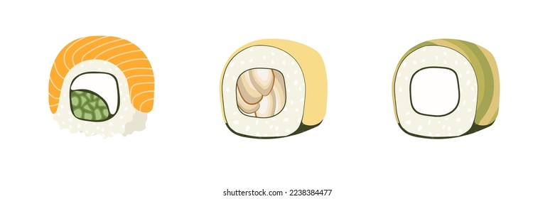 Esbozar la ilustración de conjunto de vector dibujado del rollo de sushi aislado en fondo blanco. Platos tradicionales japoneses: onigiri, nigiri, temaki, maki, gunkan. Cartel, cartel, página de menú, volante, cartel.