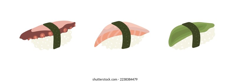 Sketch drawn vector set illustration of sushi roll isolated on white background. Traditional Japanese dishes - onigiri, nigiri, temaki, maki, gunkan. Poster, sign, menu page, flyer, banner.
