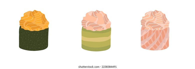 Sketch drawn vector set illustration of sushi roll isolated on white background. Traditional Japanese dishes - onigiri, nigiri, temaki, maki, gunkan. Poster, sign, menu page, flyer, banner.