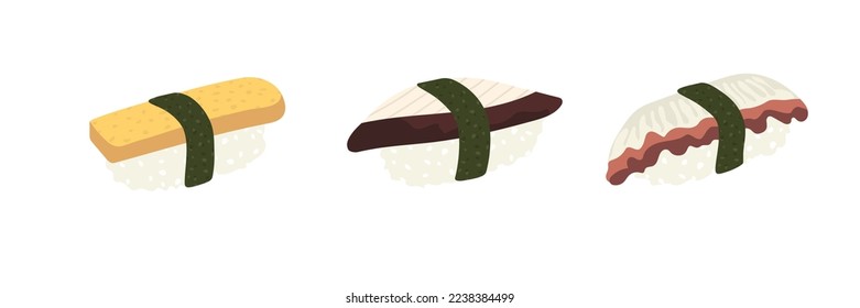Sketch drawn vector set illustration of sushi roll isolated on white background. Traditional Japanese dishes - onigiri, nigiri, temaki, maki, gunkan. Poster, sign, menu page, flyer, banner.