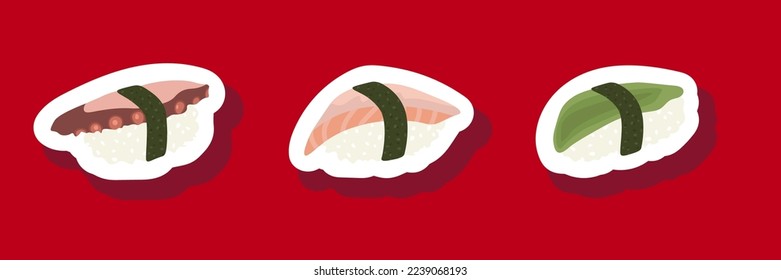 Sketch drawn vector set illustration of sushi sticker isolated on red background. Traditional Japanese dishes - onigiri, nigiri, temaki, maki, gunkan. Poster, sign, menu page, flyer, banner