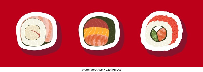 Sketch drawn vector set illustration of sushi sticker isolated on red background. Traditional Japanese dishes - onigiri, nigiri, temaki, maki, gunkan. Poster, sign, menu page, flyer, banner