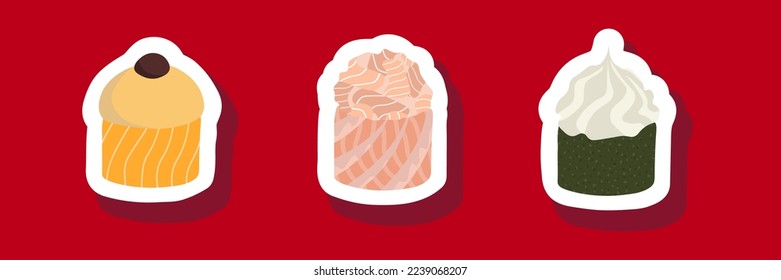 Esbozar la ilustración del conjunto de vector dibujado de la pegatina de sushi aislada en el fondo rojo. Platos tradicionales japoneses: onigiri, nigiri, temaki, maki, gunkan. Cartel, cartel, página de menú, volante, banner