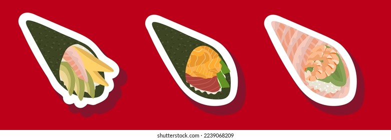Skizze gezeichnete Vektorgrafik von Sushi-Aufkleber einzeln auf rotem Hintergrund. Traditionelle japanische Gerichte - Onigiri, Nigiri, Tempaki, Maki, Gunkan. Poster, Zeichen, Menüseite, Flyer, Banner
