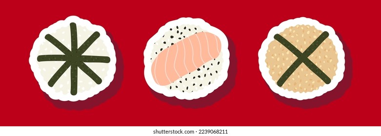 Sketch drawn vector set illustration of sushi sticker isolated on red background. Traditional Japanese dishes - onigiri, nigiri, temaki, maki, gunkan. Poster, sign, menu page, flyer, banner