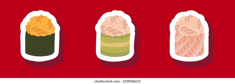Sketch drawn vector set illustration of sushi sticker isolated on red background. Traditional Japanese dishes - onigiri, nigiri, temaki, maki, gunkan. Poster, sign, menu page, flyer, banner
