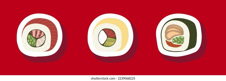 Esbozar la ilustración del conjunto de vector dibujado de la pegatina de sushi aislada en el fondo rojo. Platos tradicionales japoneses: onigiri, nigiri, temaki, maki, gunkan. Cartel, cartel, página de menú, volante, banner