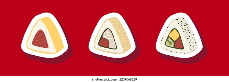 Sketch drawn vector set illustration of sushi sticker isolated on red background. Traditional Japanese dishes - onigiri, nigiri, temaki, maki, gunkan. Poster, sign, menu page, flyer, banner