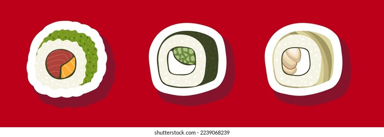 Sketch drawn vector set illustration of sushi sticker isolated on red background. Traditional Japanese dishes - onigiri, nigiri, temaki, maki, gunkan. Poster, sign, menu page, flyer, banner