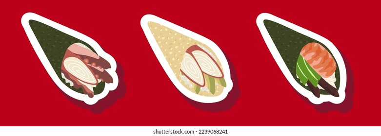 Sketch drawn vector set illustration of sushi sticker isolated on red background. Traditional Japanese dishes - onigiri, nigiri, temaki, maki, gunkan. Poster, sign, menu page, flyer, banner