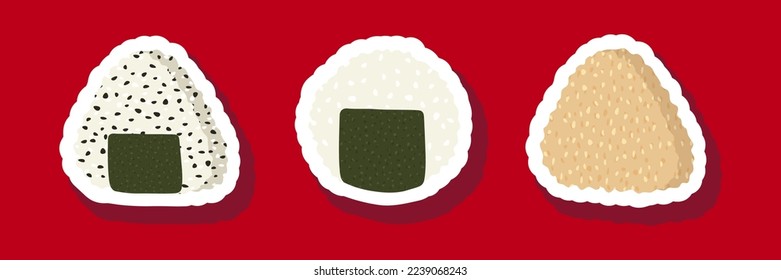 Esbozar la ilustración del conjunto de vector dibujado de la pegatina de sushi aislada en el fondo rojo. Platos tradicionales japoneses: onigiri, nigiri, temaki, maki, gunkan. Cartel, cartel, página de menú, volante, banner