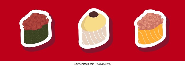 Esbozar la ilustración del conjunto de vector dibujado de la pegatina de sushi aislada en el fondo rojo. Platos tradicionales japoneses: onigiri, nigiri, temaki, maki, gunkan. Cartel, cartel, página de menú, volante, banner