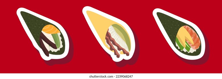Esbozar la ilustración del conjunto de vector dibujado de la pegatina de sushi aislada en el fondo rojo. Platos tradicionales japoneses: onigiri, nigiri, temaki, maki, gunkan. Cartel, cartel, página de menú, volante, banner