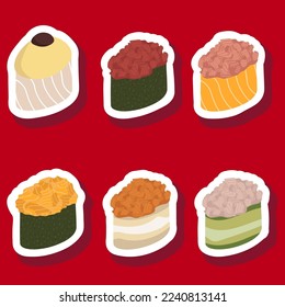 Skizze gezeichnete Vektorgrafik von Sushi-Aufkleber einzeln auf rotem Hintergrund. Traditionelle japanische Gerichte - Onigiri, Nigiri, Tempaki, Maki, Gunkan. Poster, Zeichen, Menüseite, Flyer, Banner
