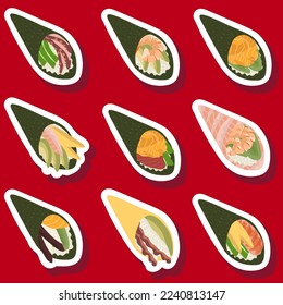 Sketch drawn vector set illustration of sushi sticker isolated on red background. Traditional Japanese dishes - onigiri, nigiri, temaki, maki, gunkan. Poster, sign, menu page, flyer, banner