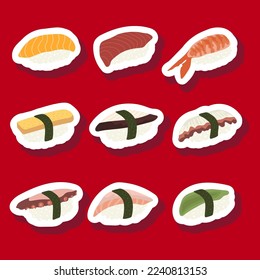 Sketch drawn vector set illustration of sushi sticker isolated on red background. Traditional Japanese dishes - onigiri, nigiri, temaki, maki, gunkan. Poster, sign, menu page, flyer, banner