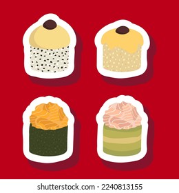 Sketch drawn vector set illustration of sushi sticker isolated on red background. Traditional Japanese dishes - onigiri, nigiri, temaki, maki, gunkan. Poster, sign, menu page, flyer, banner