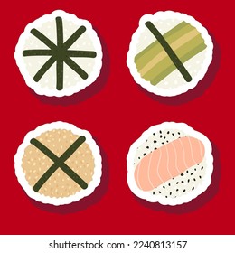 Sketch drawn vector set illustration of sushi sticker isolated on red background. Traditional Japanese dishes - onigiri, nigiri, temaki, maki, gunkan. Poster, sign, menu page, flyer, banner