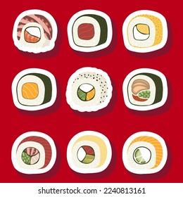 Sketch drawn vector set illustration of sushi sticker isolated on red background. Traditional Japanese dishes - onigiri, nigiri, temaki, maki, gunkan. Poster, sign, menu page, flyer, banner