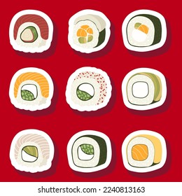 Sketch drawn vector set illustration of sushi sticker isolated on red background. Traditional Japanese dishes - onigiri, nigiri, temaki, maki, gunkan. Poster, sign, menu page, flyer, banner